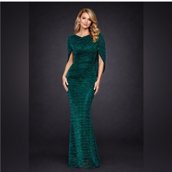 Betsy & Adam Green Cape Crinkle Sleeve Formal Evening Gown SZ 6 NWT GALA MOB